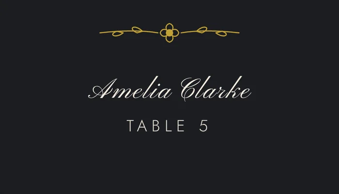 Black place card with champagne gold divider
