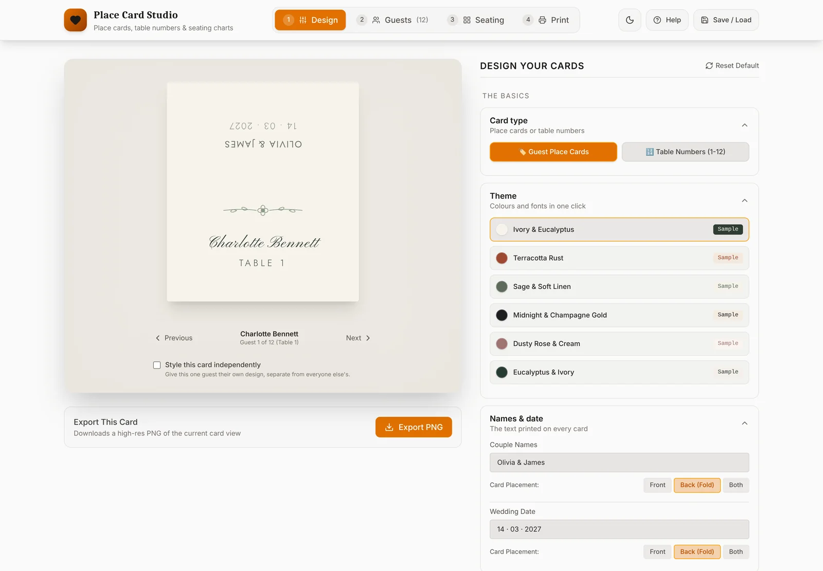 The Place Card Studio design screen with a card preview and design options