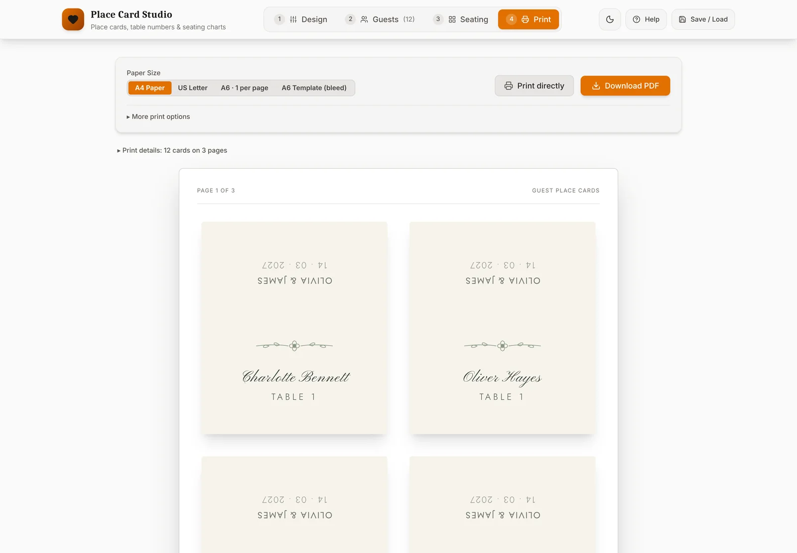 Print screen showing four place cards per A4 sheet