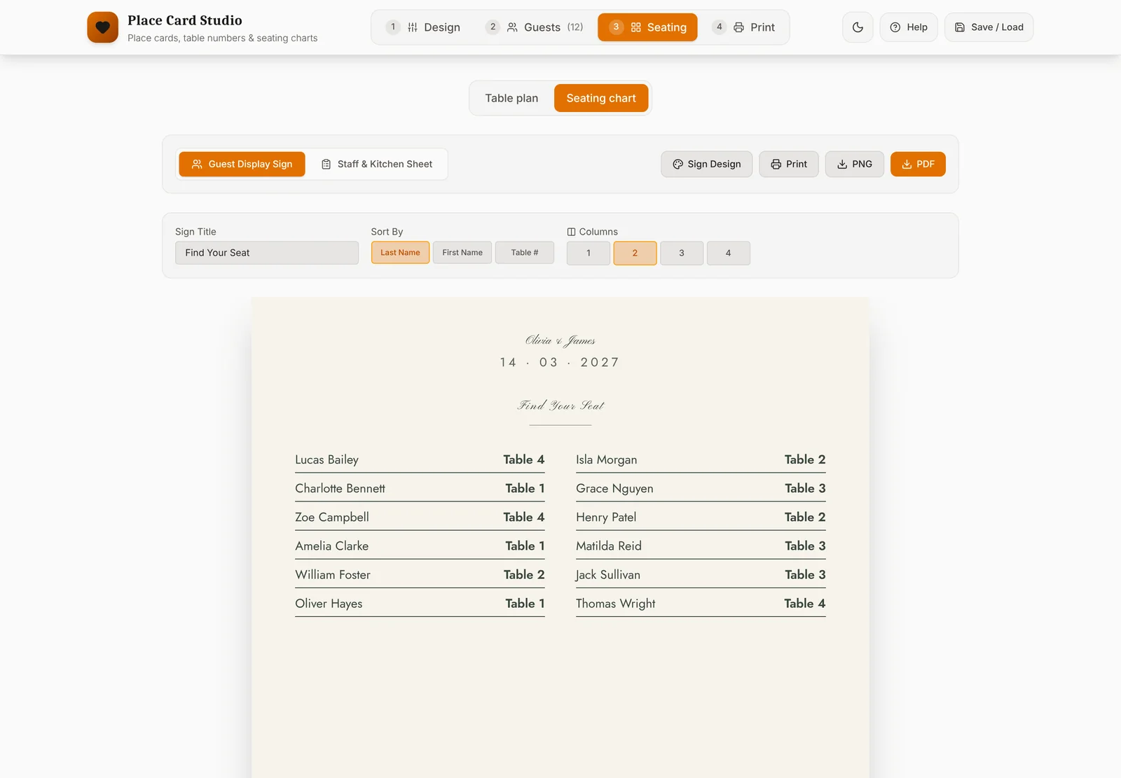 Find your seat sign listing guests and their tables